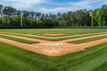 Empty baseball field with pristine infield dirt, symmetrical outfield grass patterns, and lush trees in the background, serene sports landscape