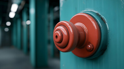 Close Up of Rusty Orange Knob on Teal Metal in Abandoned Factory