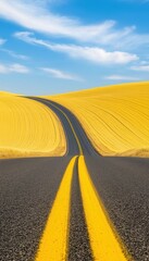 Fototapeta premium Endless rural highway with golden fields on both sides, stretching into the distance beneath a stunning sky, perfect road trip scenery