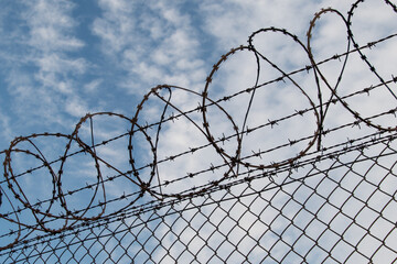 Metal mesh fence with barbed wire. Fenced area.