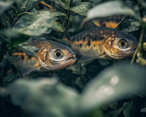 Two fish hiding in river plants, nature scene, wildlife