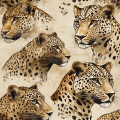 Naklejka premium Artistic depiction of several leopard heads in repeating patterned formation