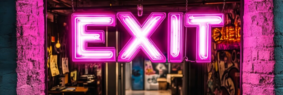 Vibrant Neon Exit Sign Illuminating a Dark Hallway, Providing Emergency Evacuation Guidance