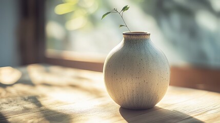 Minimalist Vase with Delicate Plant on Rustic Wooden Table