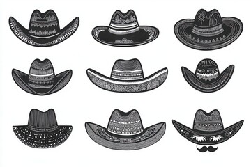 Collection of Various Hats in Silhouette Style with Vintage and Fashionable Designs