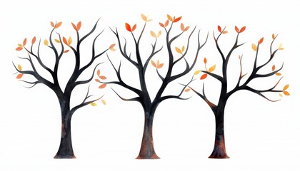 Obraz premium Elegant watercolor tree set with lush spring blossoms and colorful foliage, perfect for botanical illustrations and nature-inspired artwork