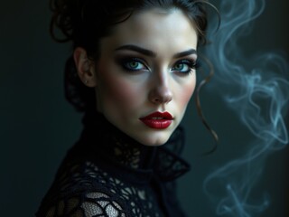 Fototapeta premium Elegante retrato femenino inspirado en la moda que presenta patrones de luz artísticos, una estética melancólica y una fusión de técnicas de fotografía creativa