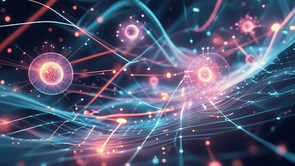 Fototapeta premium Quantum Computing Concepts Visualized Abstractly, Quantum Entanglement, Superposition, Qubits, Digital Future