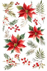 Watercolor floral composition featuring flowers with leaves and berries on display