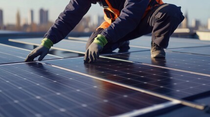 A renewable energy technician installing solar panel systems in urban areas for energy sustainability, city rooftop with solar panels and urban landscape visible, High-tech style