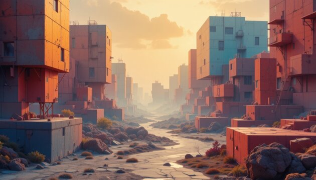 Paisaje surrealista compuesto por estructuras modulares superpuestas, con colores c&aacute;lidos vibrantes y profundidad atmosf&eacute;rica retroiluminada