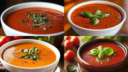Four bowls of delicious tomato soup variations.
