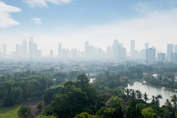 Obraz premium Aerial View of a Modern City Skyline with Green Park and River in the Foreground on a Hazy Morning