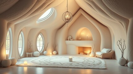 Bright and minimalist interior featuring an oval rug and fireplace