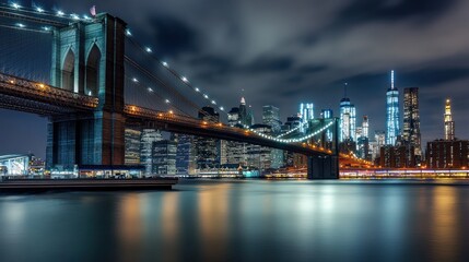 Night cityscape, Brooklyn Bridge, Manhattan skyline, river reflection, urban travel