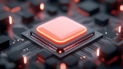 Close-up View of a Glowing Red Microchip on a Black Circuit Board