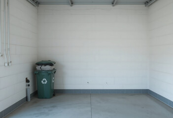 Spacious garage features minimal clutter, showcasing a clean floor and white walls. A recycling bin sits in one corner, emphasizing organization and tidiness in the area