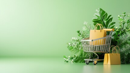 Eco friendly shopping cart filled with reusable bags and surrounded by lush green leaves and foliage on a plain green background  Concept of sustainable ethical