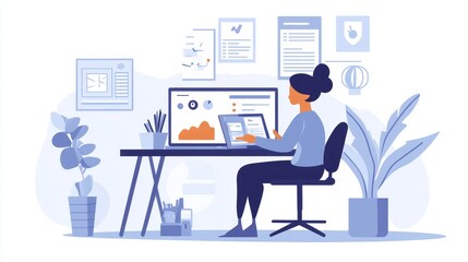 A person analyzing website traffic on a tablet while sitting at a modern desk. The space is minimalist with tech tools, reflecting the dynamic nature of digital marketing analysis and optimization."