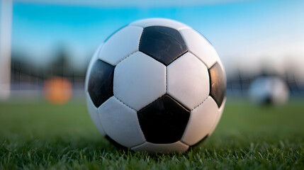 Obraz premium Closeup of a Wet Black and White Soccer Ball on Green Grass Field
