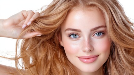 Fototapeta premium Stunning portrait of a beautiful young blonde woman with flowing locks and a captivating smile posing against a clean white studio background