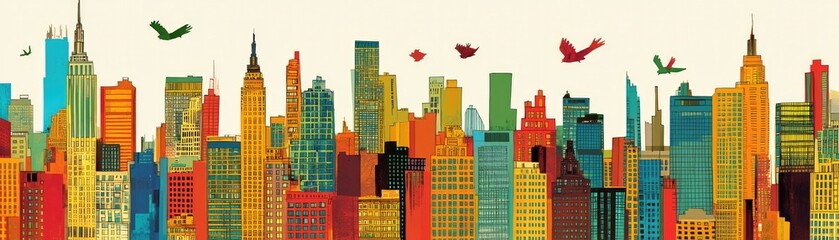 Fototapeta premium Colorful city skyline, birds flying, cityscape illustration, urban background