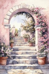 Fototapeta premium Watercolor illustration depicts arched pathway and blooming floral staircase