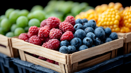 Closeup of Colorful Berries and Grapes in Wooden Crates