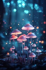 A glowing mushroom field seen from a first-person perspective in a dream world, Forest psychedelic mushrooms drawing