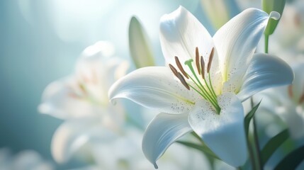 Fototapeta premium Elegant White Lily Flower in Soft Blue Background with Natural Light