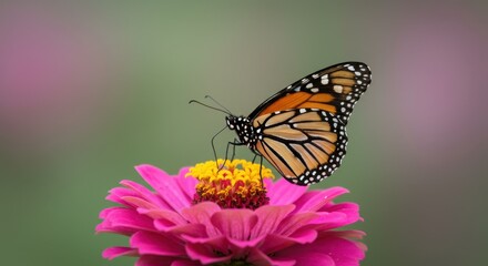 Naklejka premium Monarch Butterfly on Pink Zinnia Flower