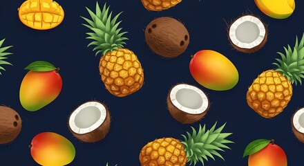 Tropical fruit pattern with pineapples, mangoes, and coconuts on a dark navy background