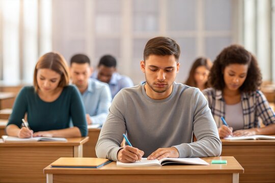 Students taking an exam in a university classroom, focused on writing answers. Concept of education and academic assessment. (Education)