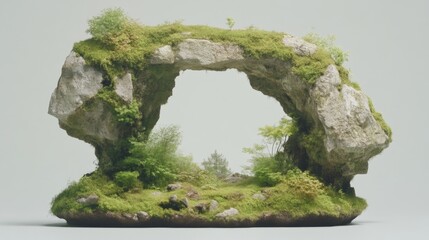 Stone archway, moss-covered landscape