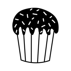 Black and white cupcake with chocolate frosting and sprinkles on top in simple cartoon style