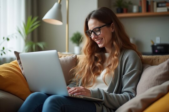 Woman studying online courses on a sofa with a laptop.