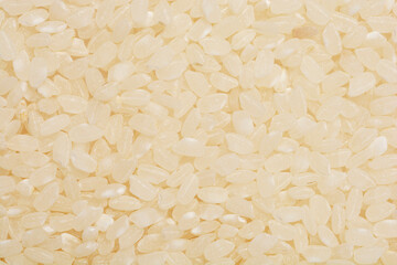 A close-up, overhead shot of a pile of dry, uncooked sushi rice, showcasing its texture and color