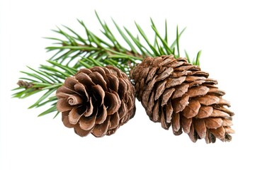 Pine Cones and Green Spruce Branch Isolated on White Background