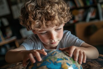 Young boy with curly hair exploring a tactile globe in a room, learning geography through hands-on experience