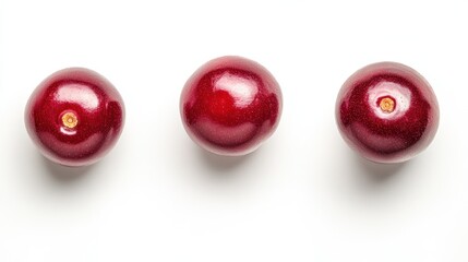 Top view of three fresh cherries on white background.  Possible use Food photography