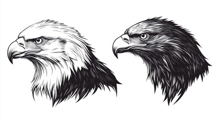 A set of black and white eagle head vectors isolated on a transparent background showcasing fierce and powerful designs. AI generative