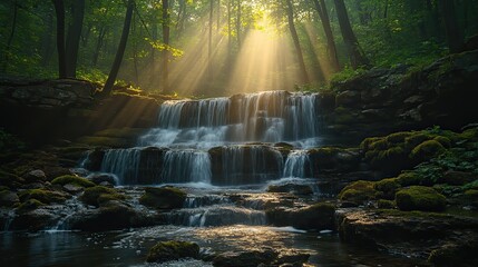Sunbeams on waterfall cascading down mossy rocks in forest.