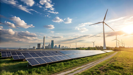 A bright future powered by nature: solar panels and wind turbines harmoniously generating clean energy against a cityscape backdrop at sunset.