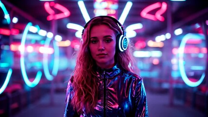 young woman with headphones listening neon background - Powered by Adobe