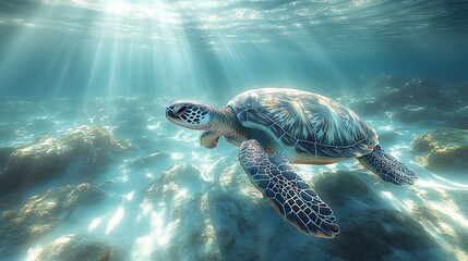 Obraz premium Sunbeams through clear water, solitary sea turtle gliding.