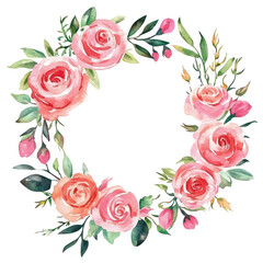 Pink rose watercolor wreath illustration, isolated on transparent for greeting cards