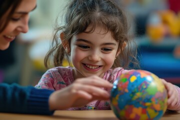 Little Girl Explores Globe with Caregiver - Education, Discovery, Smiling