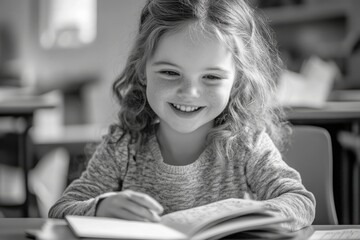 Young Girl Smiling While Reading Braille Book in Classroom Setting