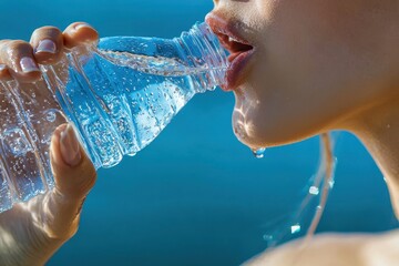 Close-Up of Woman Drinking Water from Bottle with Glistening Drops