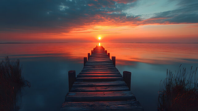A mesmerizing photography of a Baltic pier leading into the horizon, surrounded by calm waters and a glowing sunrise, creating a sense of infinite tranquility.